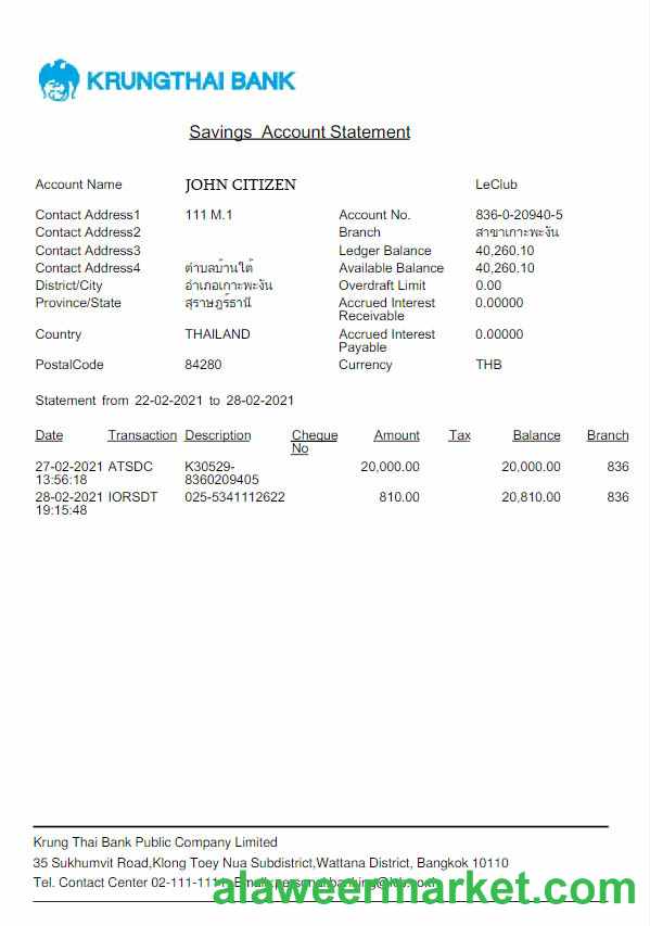 Thailand Krungthai bank statement Word and PDF scr